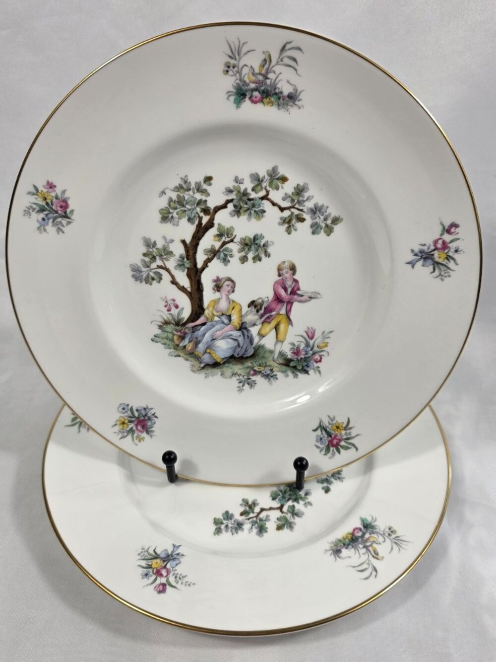 TWO Royal Worcester Watteau Luncheon Plates People in Center with Flowers & Tree